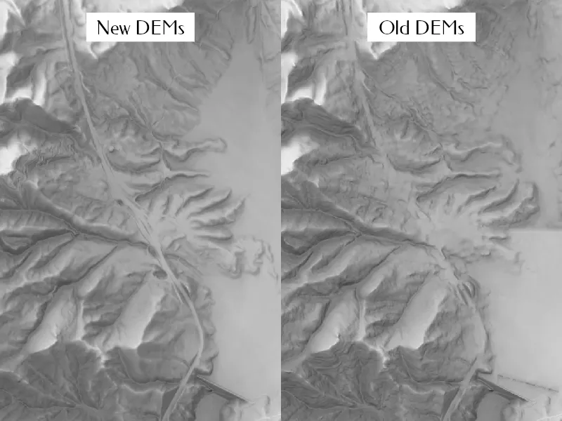 A side-by-side comparison of hillshades around Jordanelle Reservoir